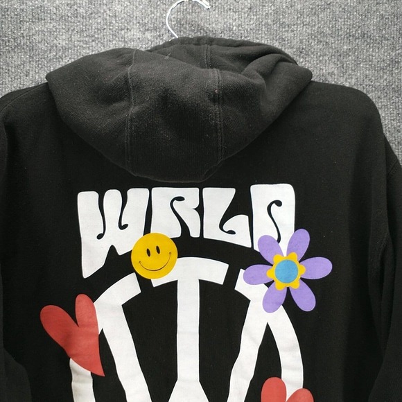 WRLDINVSN Mens World Peace Pullover Graphic Hoodie Black Medium Cotton - Picture 6 of 11